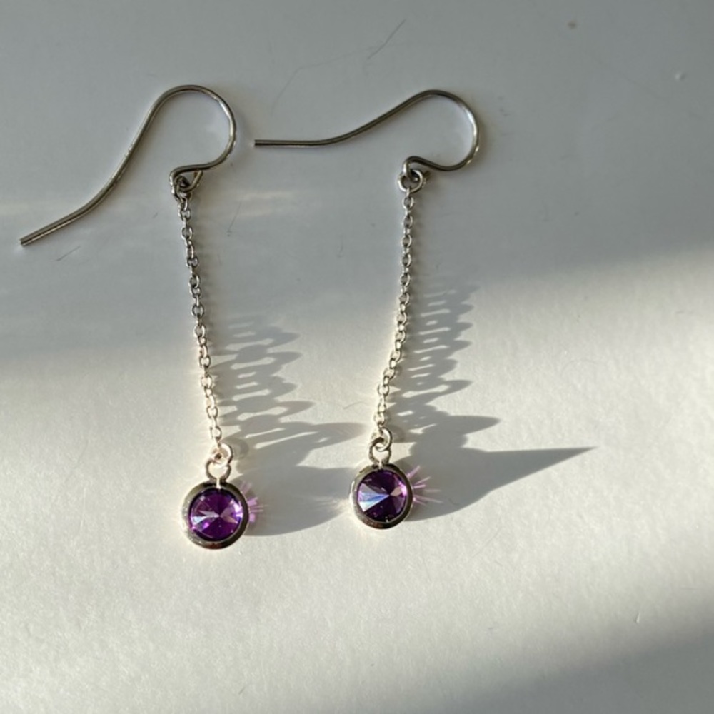 925 Sterling Silver Purple Cubic Zirconia drop Tassel String Threader Earrings